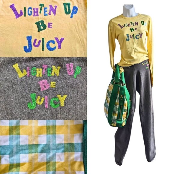 Juicy Couture Pants - Vtg Y2K JUICY COUTURE 3-pc Kidcore Yellow Green Matching Outfit w/ Belt Bag Sz M